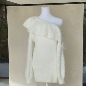 Winter white dress with one shoulder cut-out.